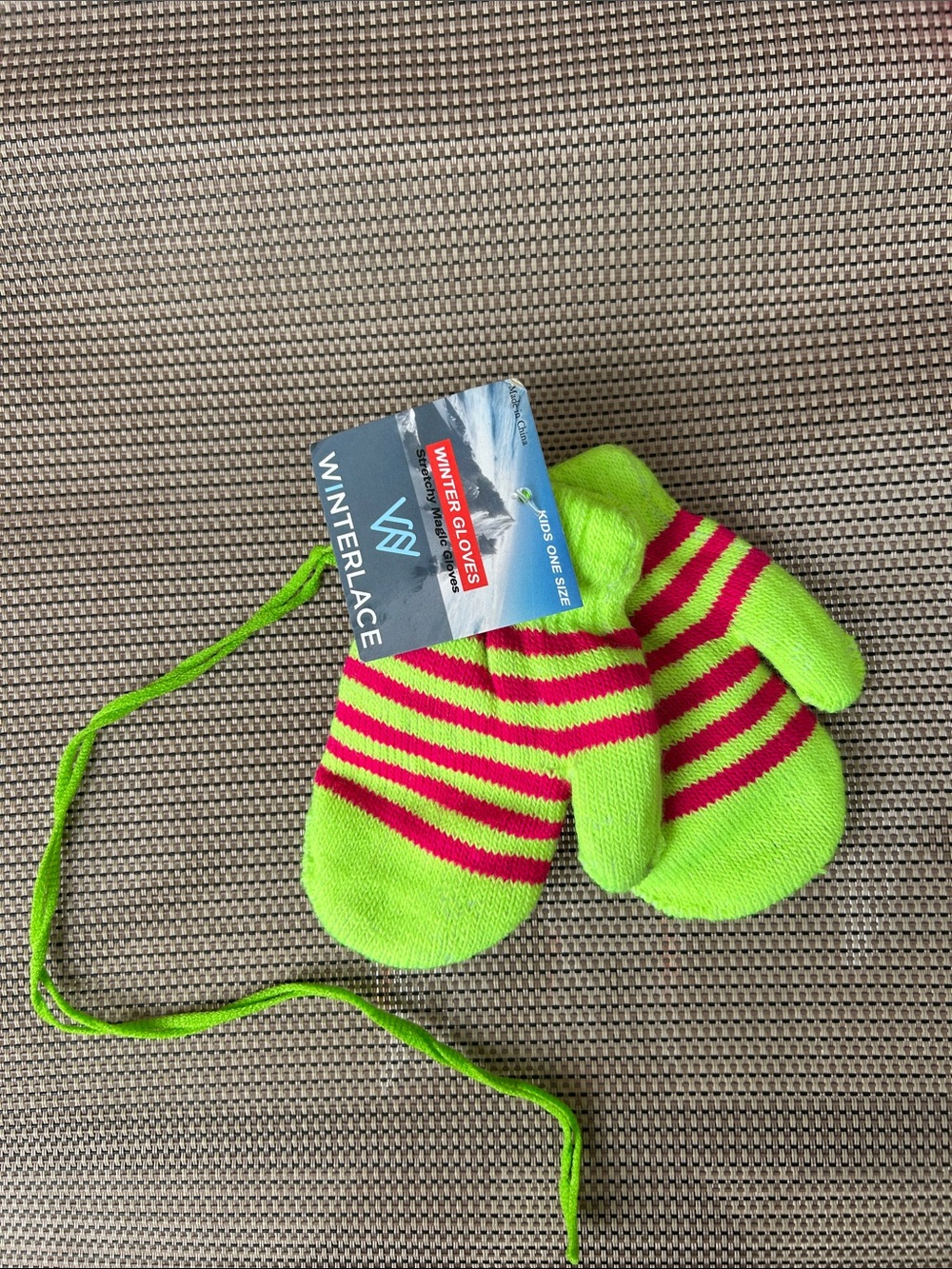 Kids Neon Green & Hot Pink Striped Mittens with String